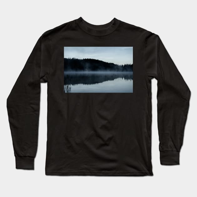 Misty Lake Silhouette. Amazing shot of the Ferchensee lake in Bavaria, Germany. Scenic foggy morning scenery at sunrise. Long Sleeve T-Shirt by EviRadauscher